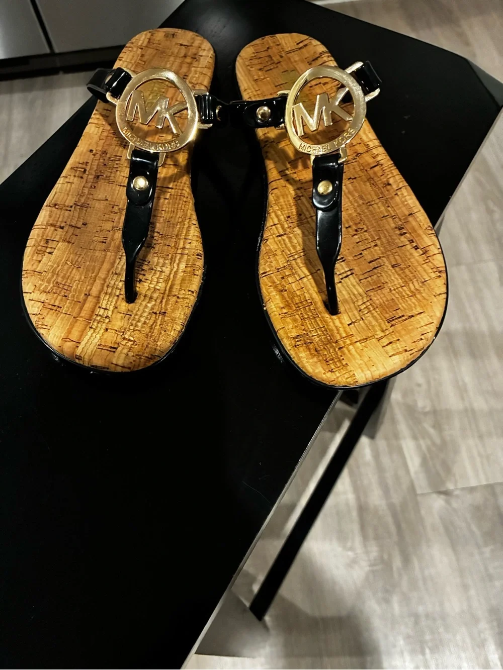 Michael Kors Black Patent Thong Sandals with Cork-Style Footbed